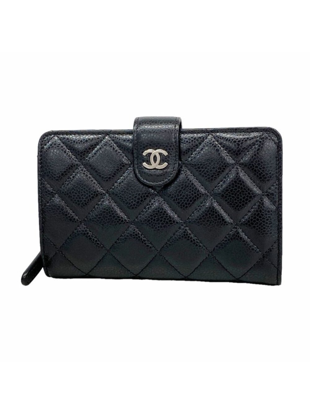 Chanel Wallet Quilted Caviar Leather Black Silver